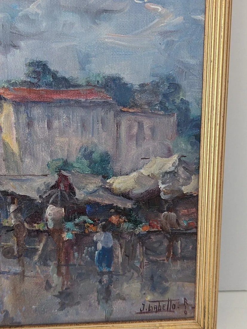 Late 20th Century Vintage J Gabetto Original Oil on Canvas Rio Market Scene Painting - 5