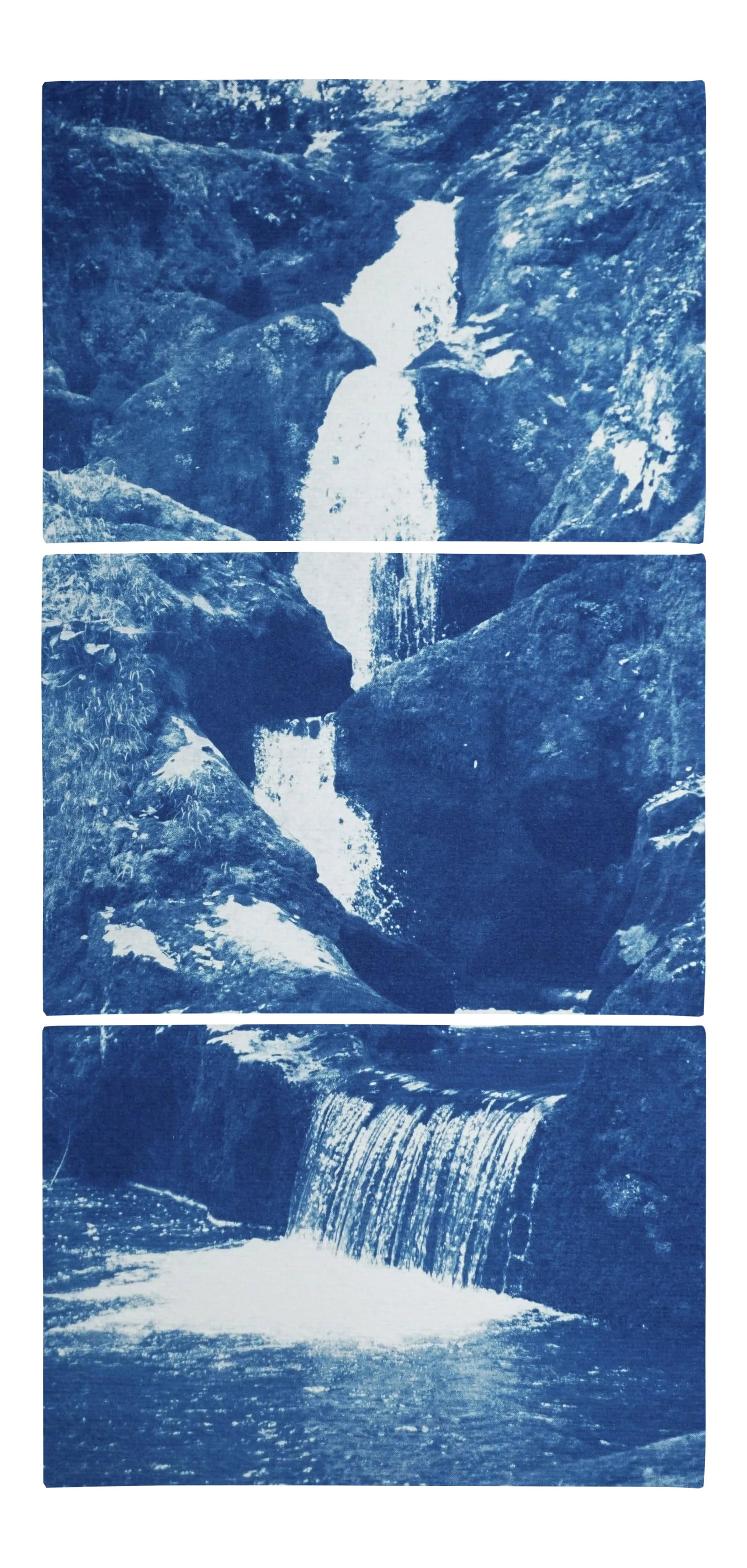 Zen Forest Waterfall, Original Cyanotype Vertical Triptych by Kind of Cyan, 2020, 3 Pieces (1 of 11)
