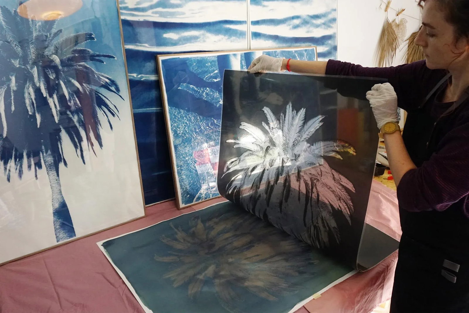 Zen Forest Waterfall, Original Cyanotype Vertical Triptych by Kind of Cyan, 2020, 3 Pieces - 8