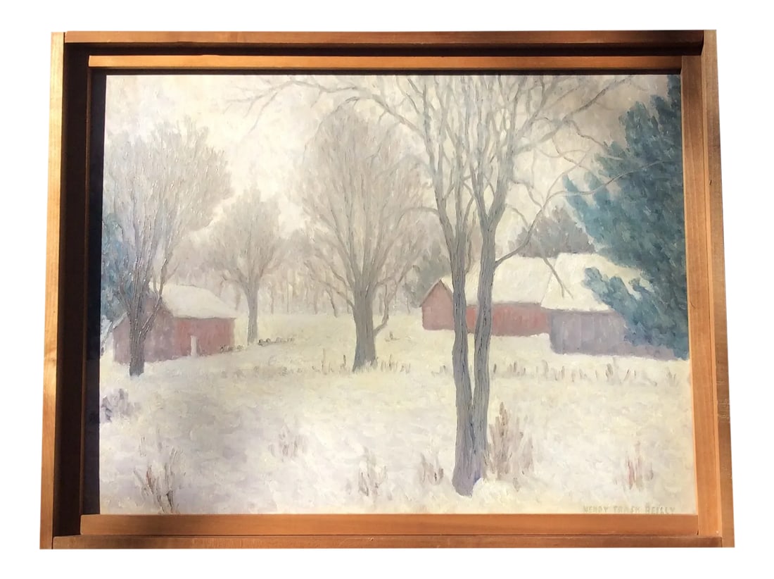 Vintage Henry Trask Reilly Vermont Winter Landscape Oil Painting - Original American Impressionist A: A Captivating Winter Scene by Beloved Vermont Artist Henry Trask Reilly This enchanting oil painting perfectly captures that magical "white light" unique to Vermont winters - a specialty that made