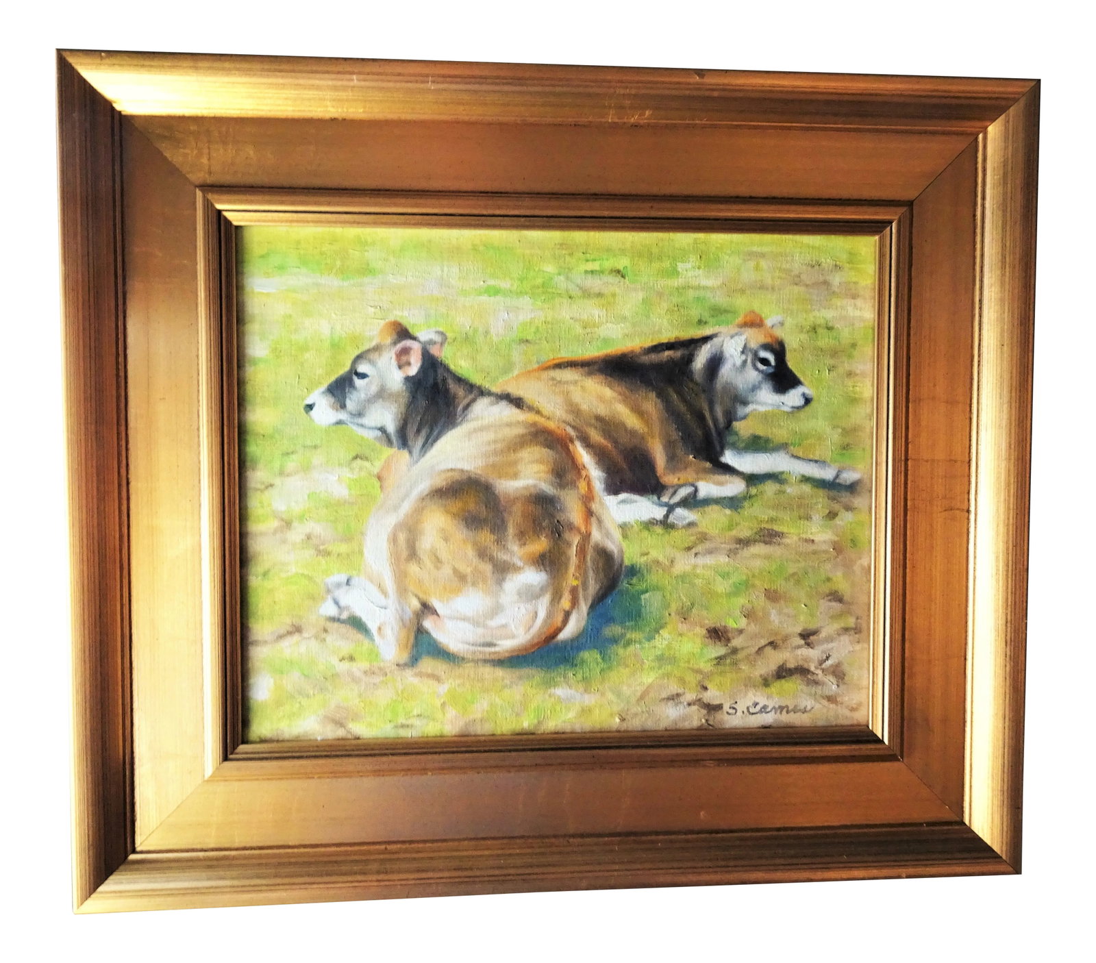 "Girl Talk", Framed Small Oil Painting on Artist Board, Sandra Eames, Vermont Artist, 2017: This charming 8" x 10" oil painting of Vermont milk cows in a country pasture is by noted Vermont artist Sandra Eames of Woodstock. It is signed and dated 2017. She chooses the frames for her