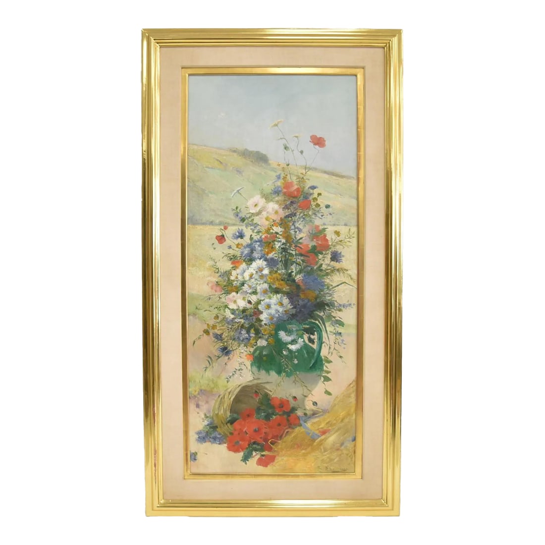 Eugene Henri Cauchois , Flower Study Oil Painting: Eugene Henri Cauchois Botanical Oil Painting on Canvas EUGENE HENRI CAUCHOIS (FRENCH, 1850-1911) LARGE OIL ON CANVAS FLORAL STILL OF FLOWERS IN LANDSCAPE , SIGNED E.H. CAUCHOIS , LOWER RIGHT - STRETCH