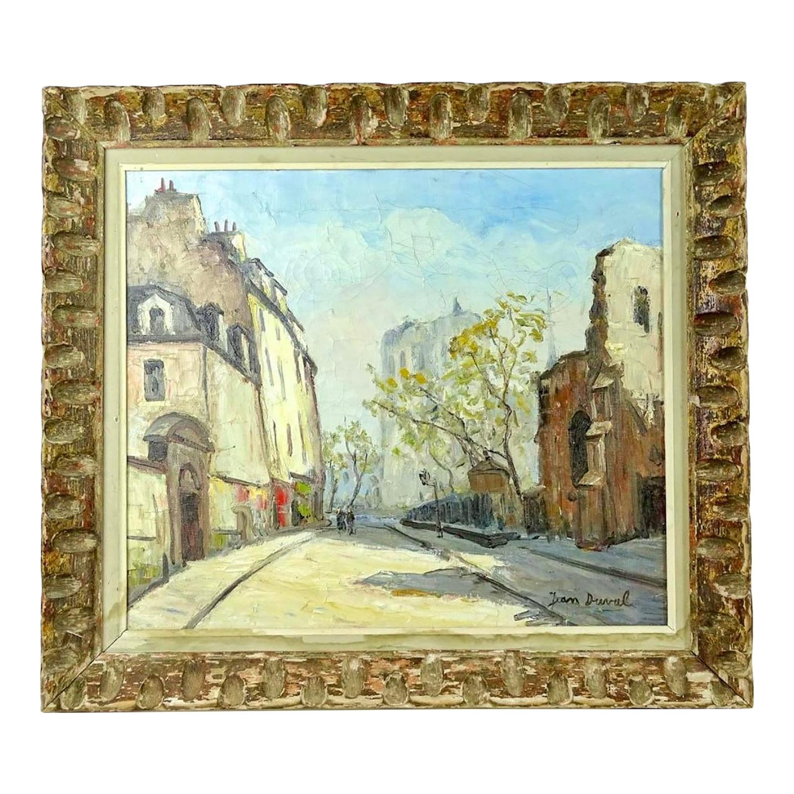 1930s Continental Street Scene by Jean Duval., Framed: Charming Street Scene, probably set in France, Oil on Canvas, Signed by Jean Duval, set in a carved wood frame with original patina. Condition: Alterations: Original Condition Unaltered Imperfections: