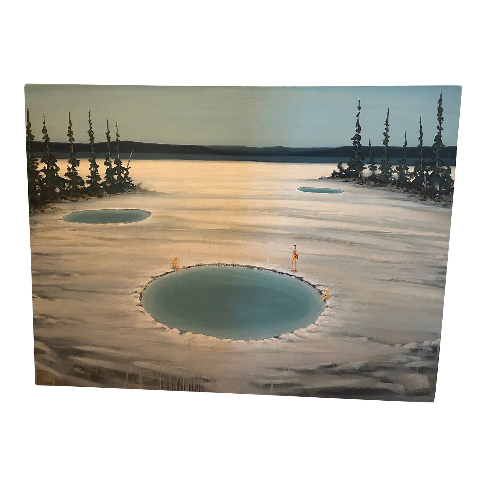 Geothermal Pools, Original Painting by Dan Attoe: Geothermal Pools by Dan Attoe includes conversations by the bathers unrealistically sitting in the snow. 2017 As he said, "This is a secret spot in Wyoming. There are a few college professors and