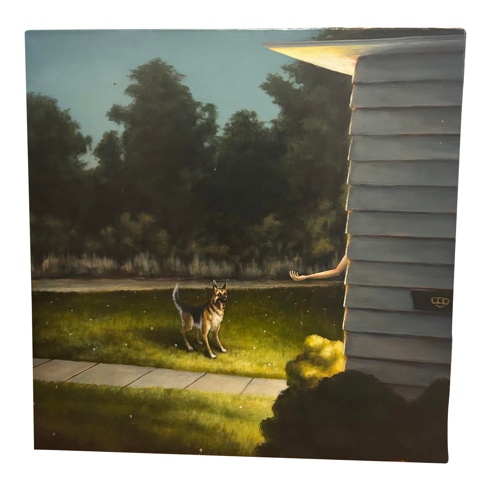 German Shepherd at the Door, Oil Painting by Dan Attoe: German Shepherd at the Door, 2013 is an oil on canvas on panel. American artist Dan Attoe sold this to me in 2017. As he said, "Northern Wisconsin August evening It's almost time to come inside. The