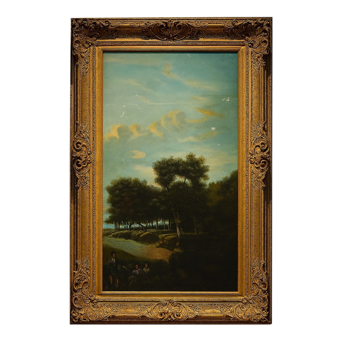 19th Century Original Oil Landscape Painting on Board: Bring timeless charm to your space with this 19th Century original oil landscape painting. Featuring a serene pastoral scene of towering trees, a peaceful river, and soft, dreamy clouds - this piece