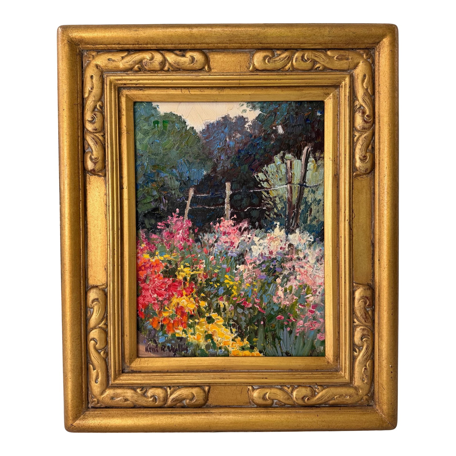 1970s Kent R Wallis Oil Painting, Framed: KENT R WALLIS (b. 1945) Untitled Oil on canvas Dates: Circa 1975-1985 Signature: Hand-signed lower left Dimensions: 11" W x 15" H Framed: 19.5" W x 24" H Condition: Excellent vintage condition,