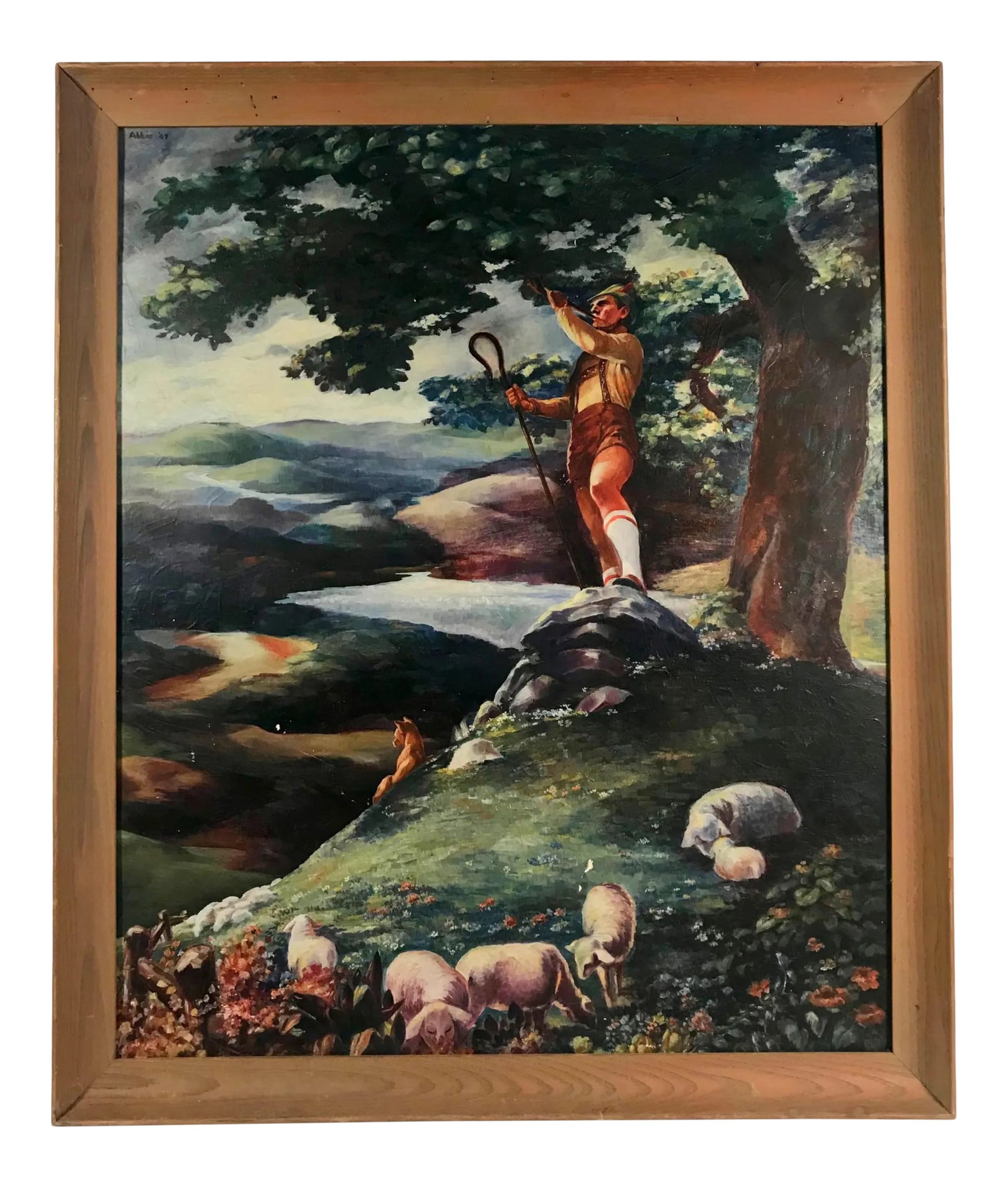 1940s Figurative Bavarian Tyrolian Folk Art Oil Painting, Framed: Original Bavarian Tyrolian Folk Art Painting, Signed and Dated This charming folk painting is executed in oil on artist board. A beautiful and rustic Tyrol or Bavarian landscape is marked by the use o