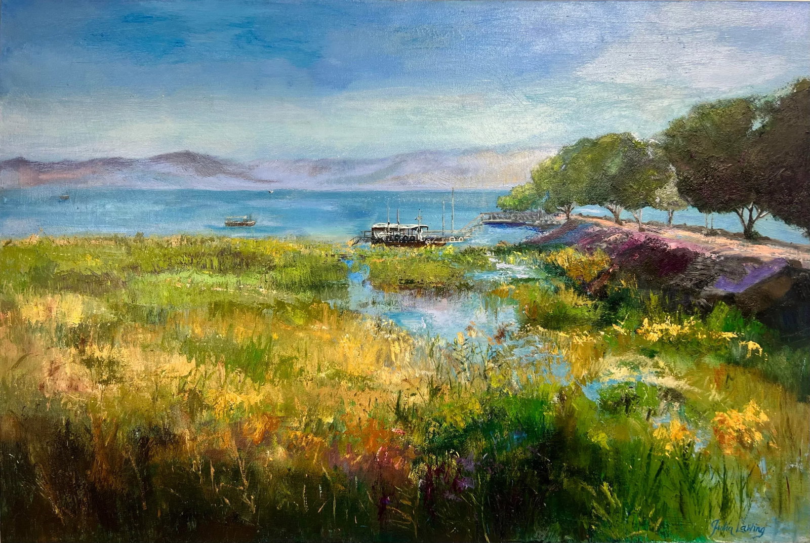 Sea of Galilee, Original Oil Painting by Julia Lawing: Beautiful seascape featuring Israel's renowned Sea of Galilee. One-of-a-kind original oil painting on 24x36x1.5 inch gallery-wrapped professional canvas. Sides are painted neutral gray and the back
