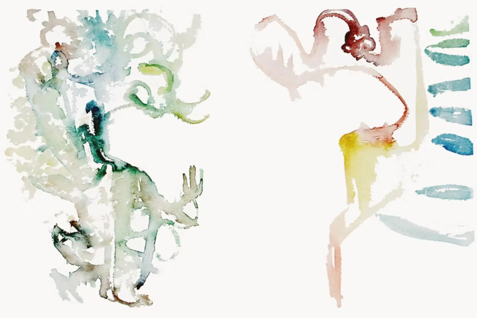 "Showing Shade", 2009. Contemporary, Abstract Expressionism. Watercolor on Paper by Joe Ginsberg. Ja: "Showing Shade" is an original watercolor on archival paper. Two sly figures, wildly gesturing, a wink and a nod, standoffish in tone, unstable push and pull dynamic. BIOGRAPHY As a native New Yorker,