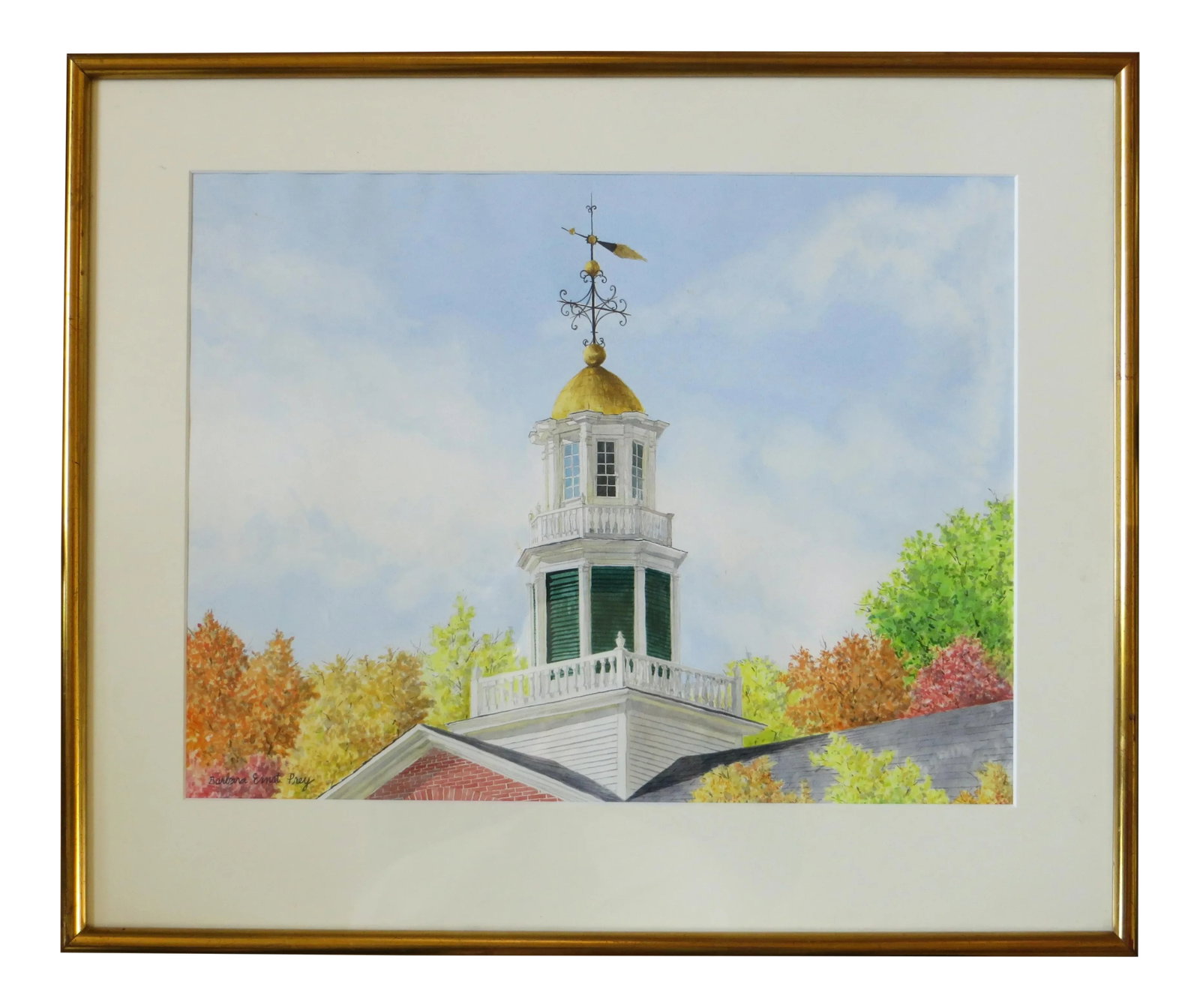 Barbara Ernst Prey Watercolor Painting, Griffin Hall, Williams College: Artist: Barbara Ernst Prey - American (1957-) Title: Griffin Hall, Williams College, Autumn Year: circa 1980 Medium: watercolor Sight size: 14.5 x 19.5 inches. Framed size: 21 x 25 inches Signature: