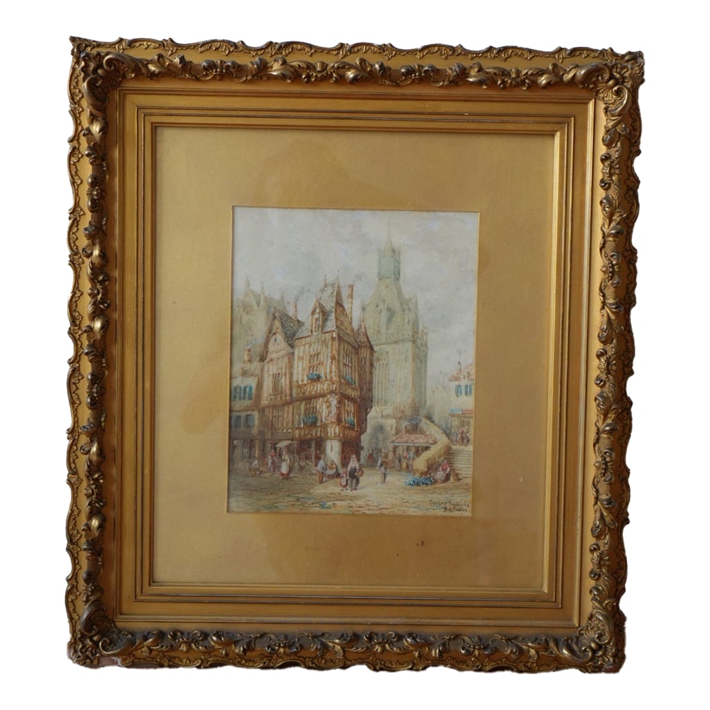 Heinrich Schafer Fecamp Normandy c.1815 German, Signed, Watercolor on Paper Laid on Board, Framed: A street scene with buildings and a cathedral in the background. was born in 1815. A watercolor on paper mounted on board by this German artist This painting is signed, titled, and has received Sotheb