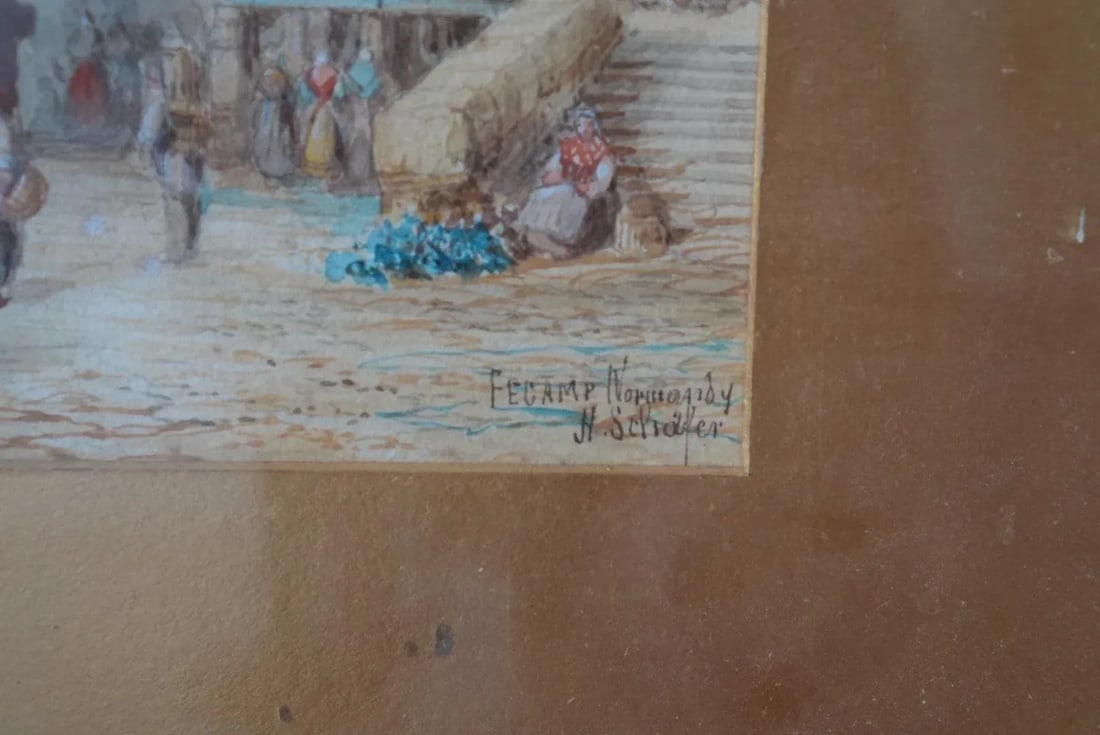Heinrich Schafer Fecamp Normandy c.1815 German, Signed, Watercolor on Paper Laid on Board, Framed - 2