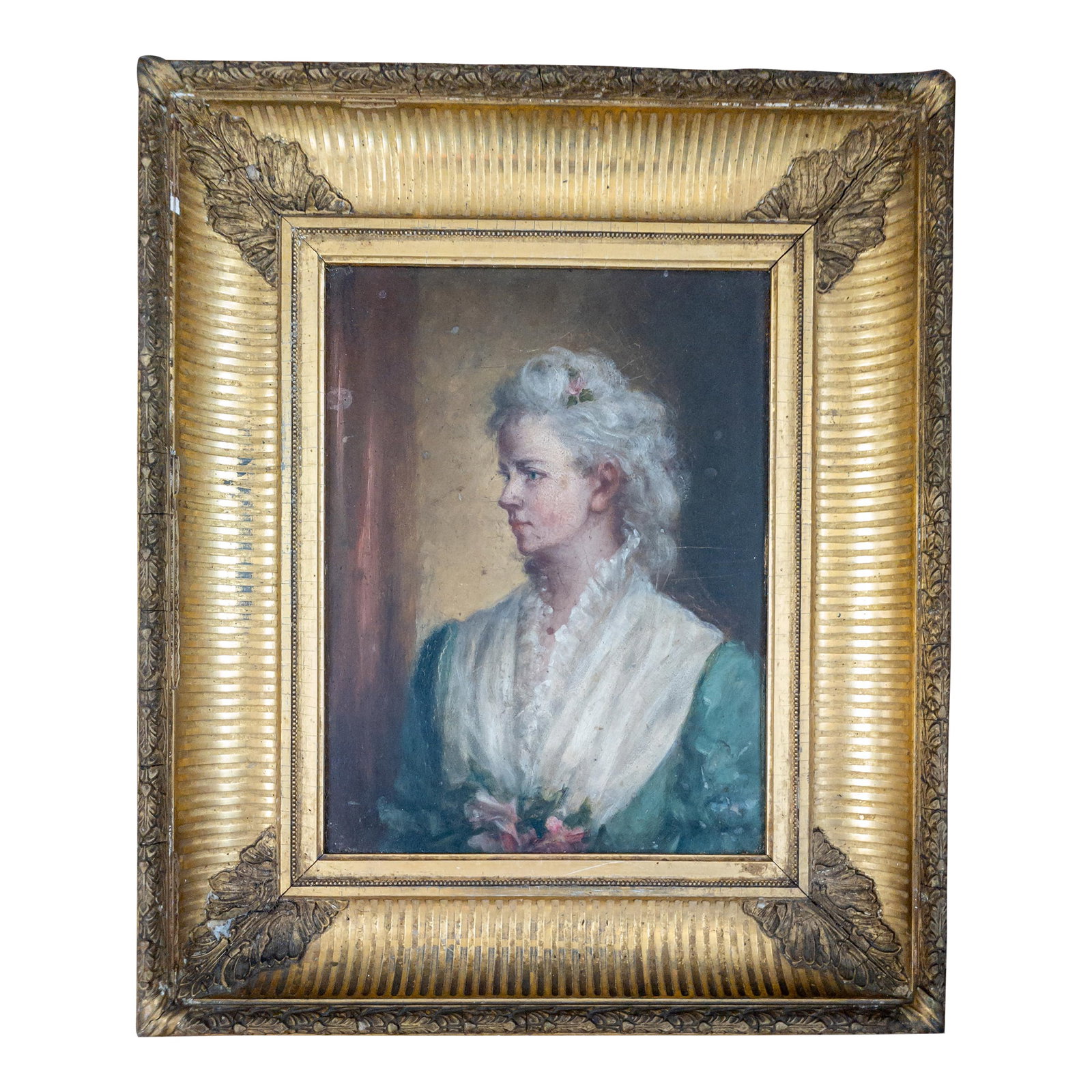 Early 20th Century American Portrait of a Pretty Lady in Gold Frame: We are selling this well painted early 20th century portrait of a lady. The oil on cardboard or artist board panel features an attractive lady in middle age with flowing dress holding flowers. The pai