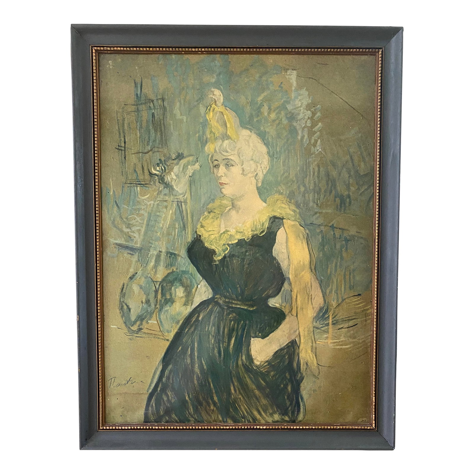 Mid-Century Oil Painting Inspired by "The Clowness Cha-U-Kao", Unesco TravelIng Print Exhibition: Vintage Mid-Century oil painting inspired by "The Clowness Cha-U-Kao" by Henri de Toulouse-Lautrec. It was part of the UNESCO Traveling Print Exhibition. As a Curator and Interior Designer, these are