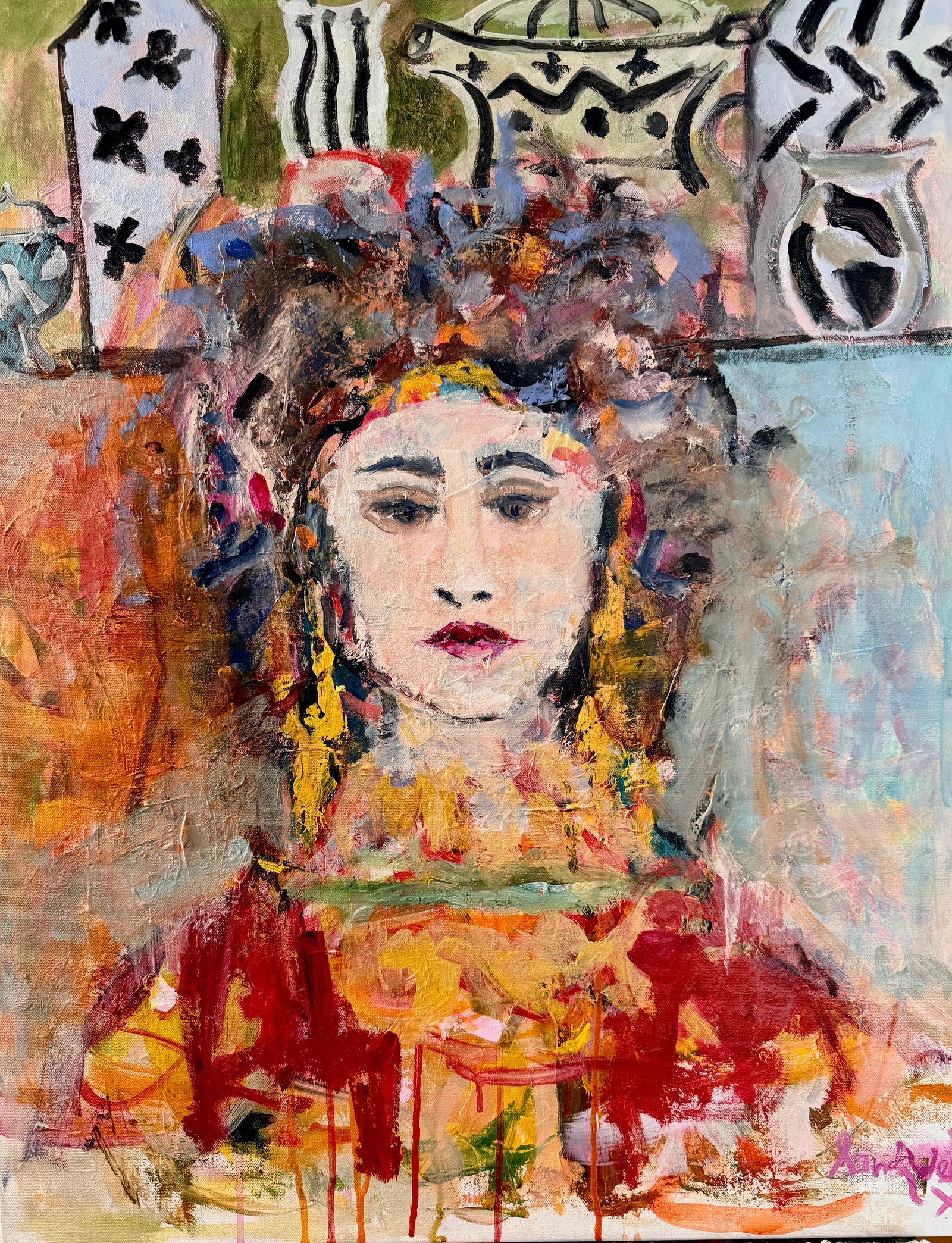 Regina Di Colori (Queen of Color) Colorful and Intriguing! An Original Acrylic Painting by Sandy Wel: With a nod to Matisse's bold colors and fluid lines, she reigns in a world of saturated hues and playful patterns...a modern monarch of joy and imagination . If you loves mystery ...she is truly