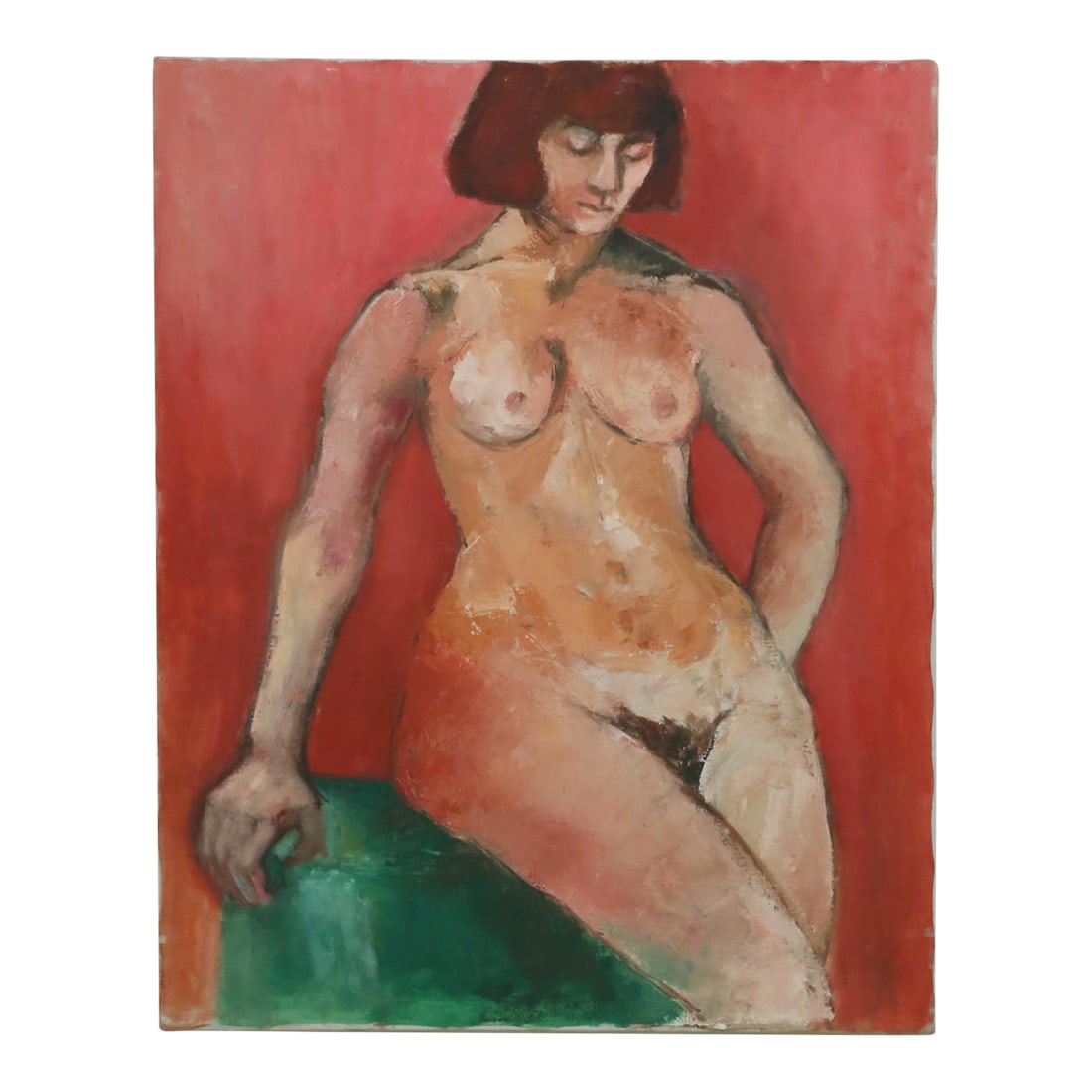 Original Painting by Sandra Orlovsky - Red Nude: An original painting by Sandra Orlovsky, sourced directly from the artist's home estate. This modernist figurative work depicts a seated nude against a vivid red background, with expressive