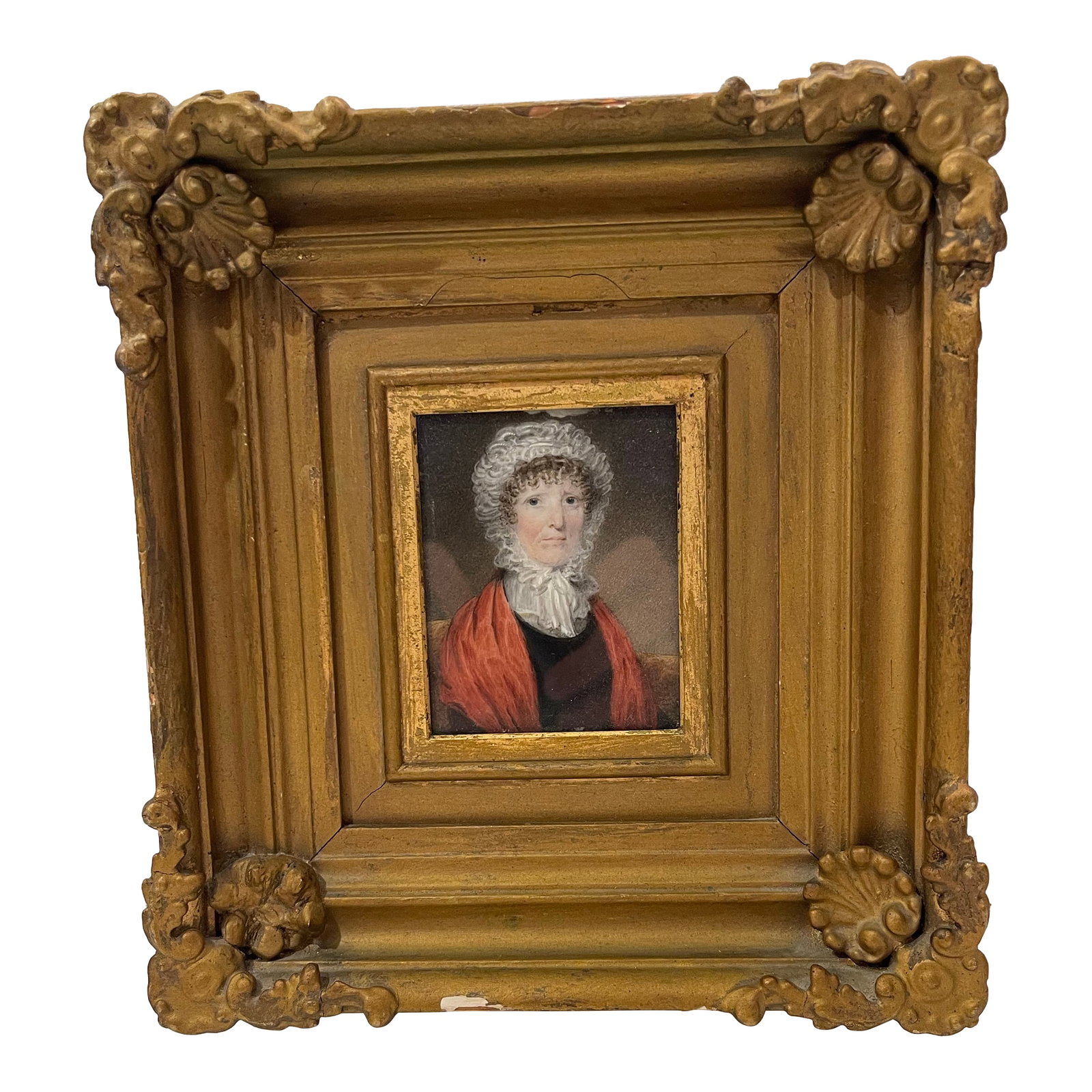 Late 19th Century After Ambrozy Mieroszewski, Justyna Chopin in White Bonnet and Red Scarf, Portrait: This a rare color portrait miniature painting in an elaborate gilt frame. The painting features Justyna Chopin (beloved mother of master classical composer, Frederic Chopin) in a white bonnet and a