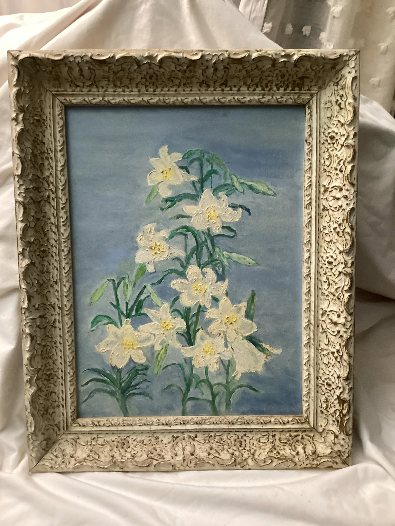 1950 Vintage Easter, Lilly Oil Painting, Framed - 3