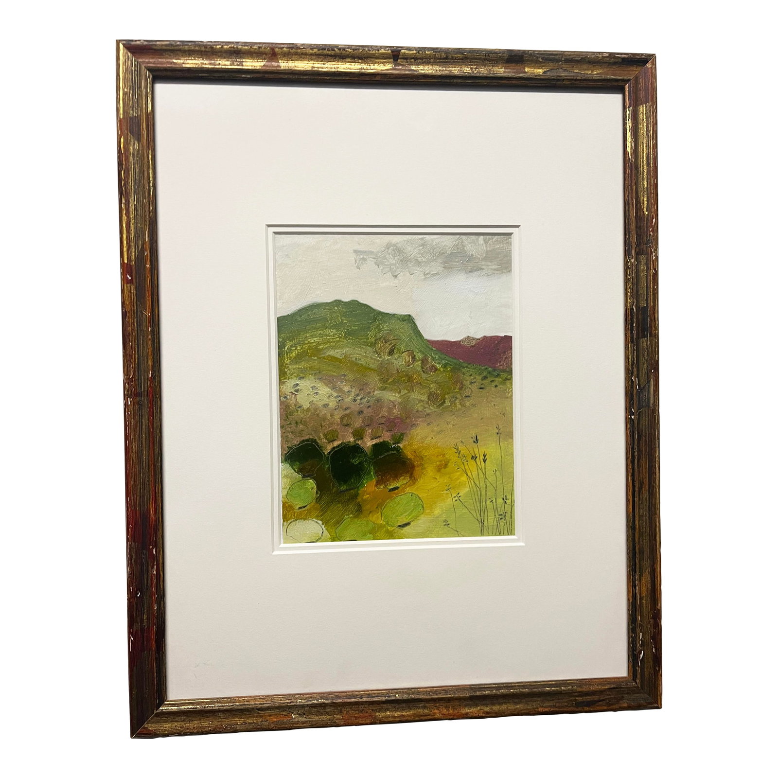 1990s Josette Urso, "Pink Green Mountains" , Oil on Paper Abstract Scene: Reknown artist Josette Urso, Oil on Paper "Pink Green Mountains", 1999- . Lovely, soft, contempory, abstract ,mountain view . Frame measures: 15.5" x 19.5" --Size of art: 9" x 7". Very unique Gilt and