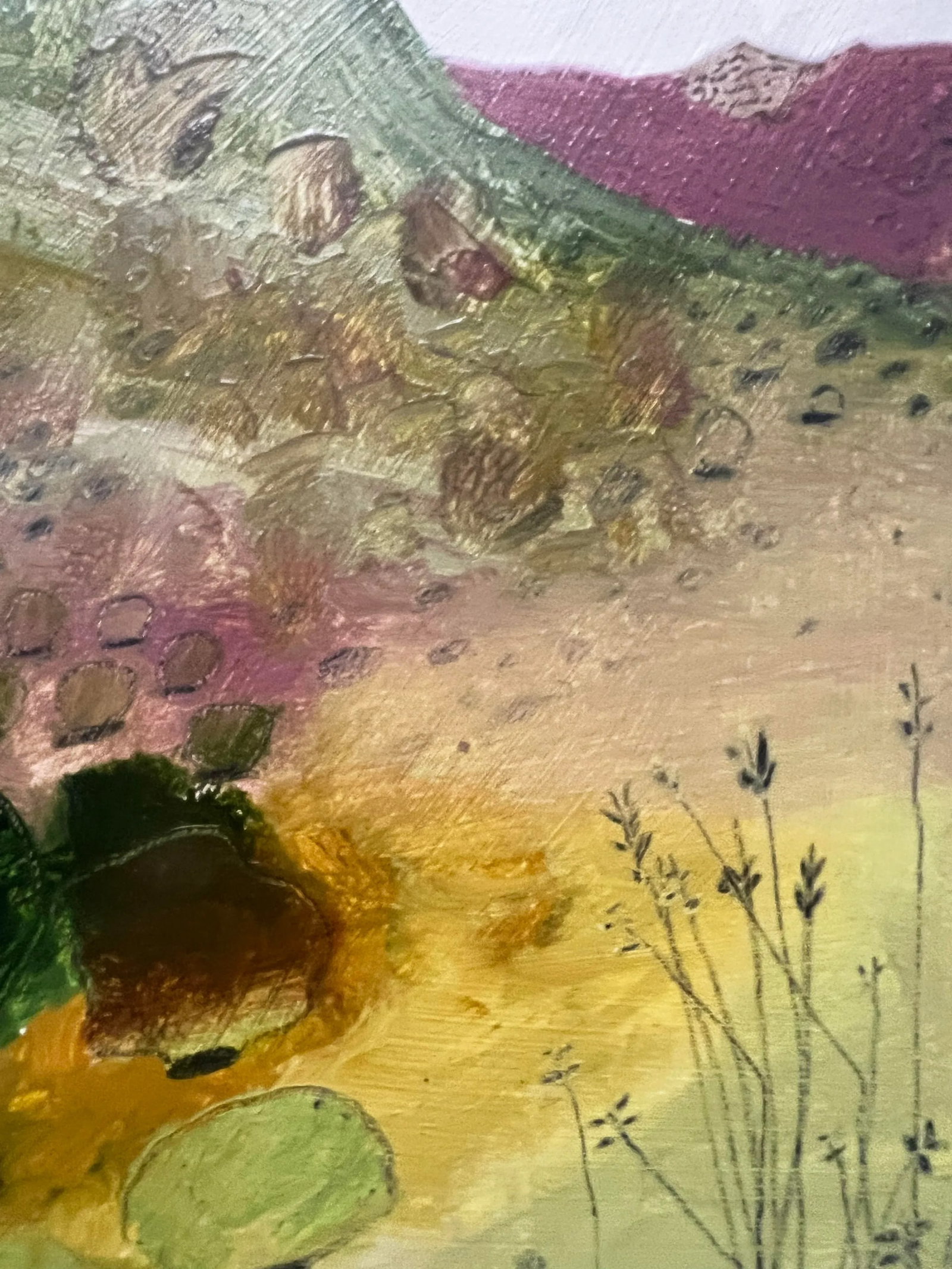 1990s Josette Urso, "Pink Green Mountains" , Oil on Paper Abstract Scene - 4