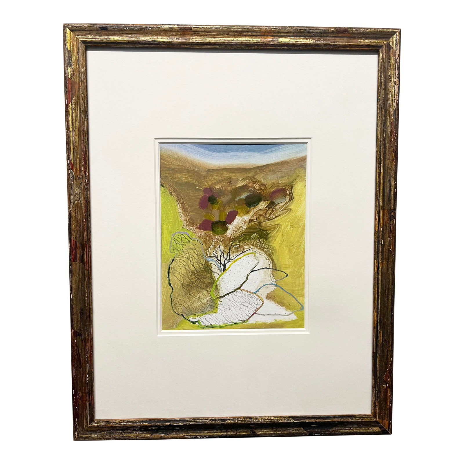 1990s Josette Urso, "Rock Tumble" , Oil on Paper, Abstract Scene: Reknown artist Josette Urso, Oil on Paper "Rock Tumble", 1999 . Lovely, soft, contempory, abstract, valley view, with rocks and trees in the setting. Frame measures: 15.5" x 19.5" --Size of art: 9" x
