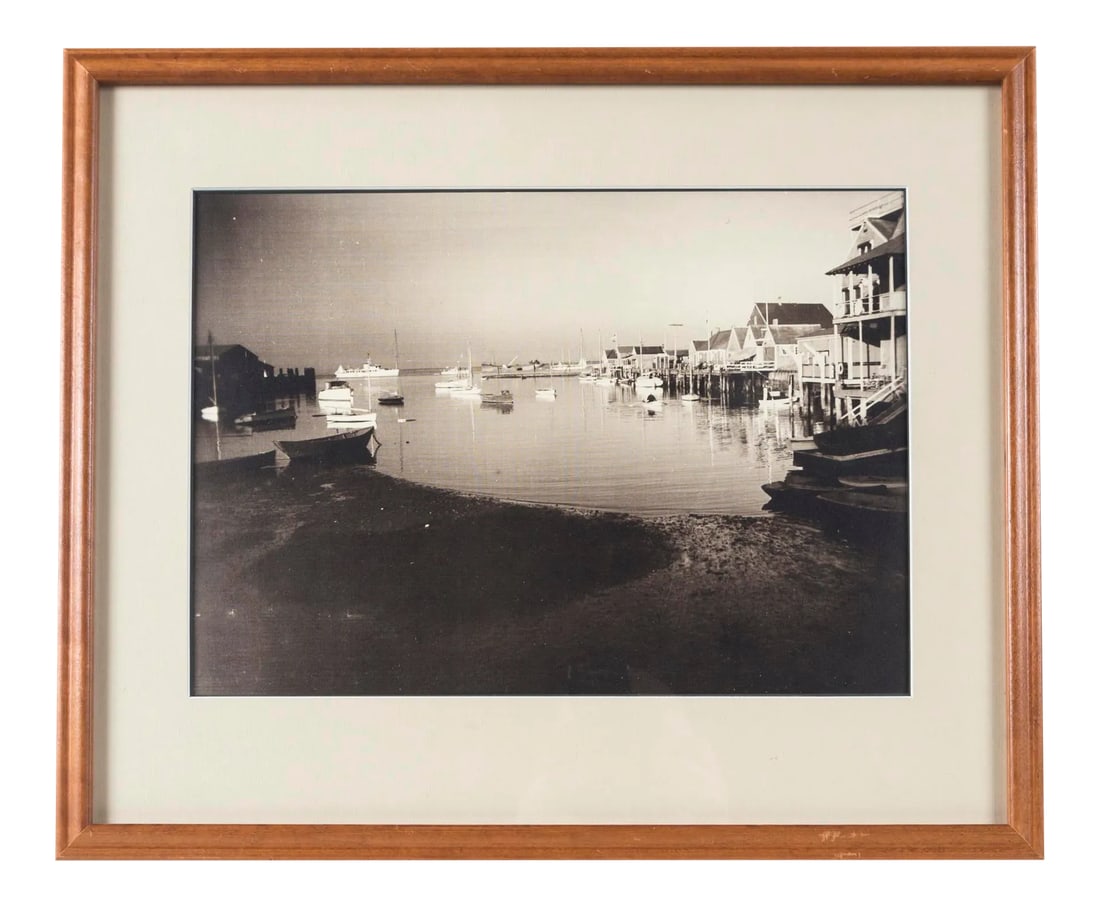 Early 20th Century "Nantucket Harbor" Black & White Photograph by James F. Barker, Framed: Vintage Black and White Photograph, Nantucket Harbor, circa 1935. James F. Barker (1871 - 1950) was an artist and photographer with generational history on Nantucket. He painted a studio/gallery on