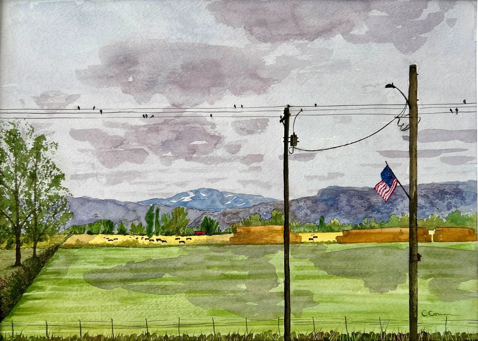 Original Watercolor Painting "Rainy Day Hayfield" in Idaho - 2