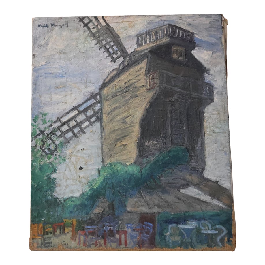 Mid-20th Century French Windmill Painting: This mid-20th century French windmill painting portrays a charming rural scene centered around a classic windmill set against an open landscape. With gentle brushwork and a warm, natural palette, the
