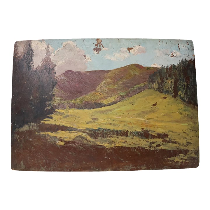Mid-20th Century French Mountain Meadow Painting: This mid-20th century French mountain meadow painting gently portrays a peaceful, open expanse nestled high in the mountains, where wildflowers and grasses sway softly in the breeze. With a delicate