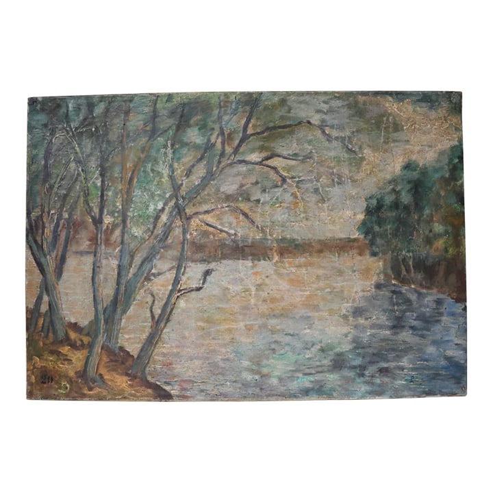 Mid-20th Century French Lakeside Painting: This mid-20th century French lakeside painting captures a tranquil scene where calm waters meet the gentle contours of the surrounding landscape. With soft, natural tones and a balanced composition, t