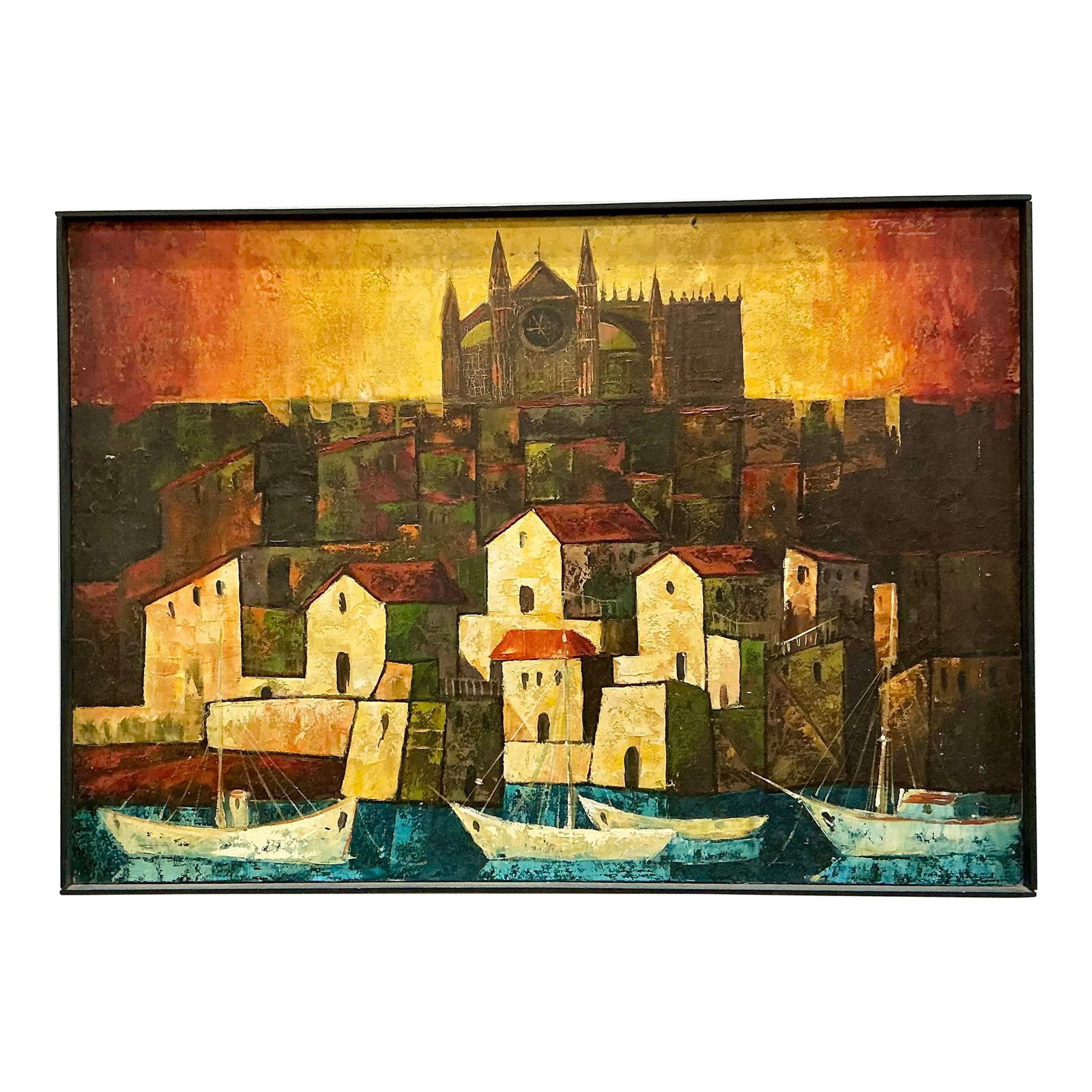 Mid Century Spanish Palma De Mallorca Oil Cityscape Painting: Vibrant oil on canvas painting depicting a Palma de Mallorca cityscape with beautiful Mallorca Cathedral. Rich textures,beautiful earthy pallet. Signet on top right corner( F. Toro?), simple black