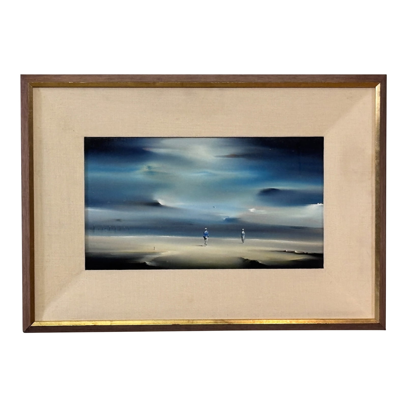 Surreal California Seascape Painting by Robert Watson, 20th Century: Framed Surrealist Seascape painting, oil on canvas with linen matting by California artist Robert Watson. Titled #27 Shoreline. Retains the original paper label from a San Francisco Gallery showing.