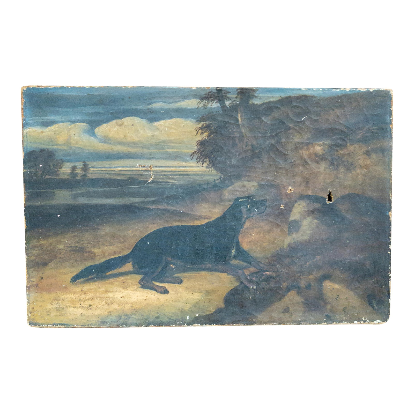 19th Century French Oil Painting of a Dog in a Landscape, Paris Stamp: We are selling this charming rustic French oil painting of a dog. This painting is of a dog crouched on a sandy area with folky landscape and clouds in the distance. The painting is 19th century and