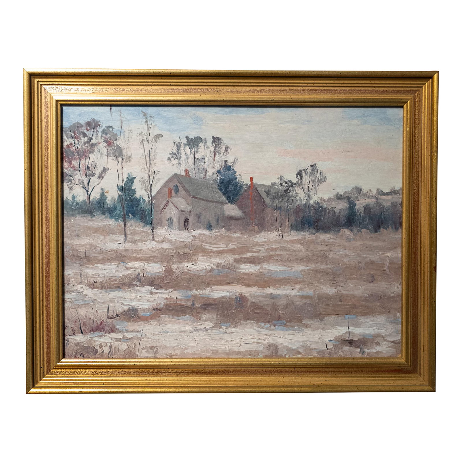 Early 20th Century American Impressionist Landscape Painting With Farmhouse, Unsigned: We are selling this pretty American Impressionist landscape painting with a farmhouse. The painting has attractive color palette of brownish purple to make the house appear to blend into the