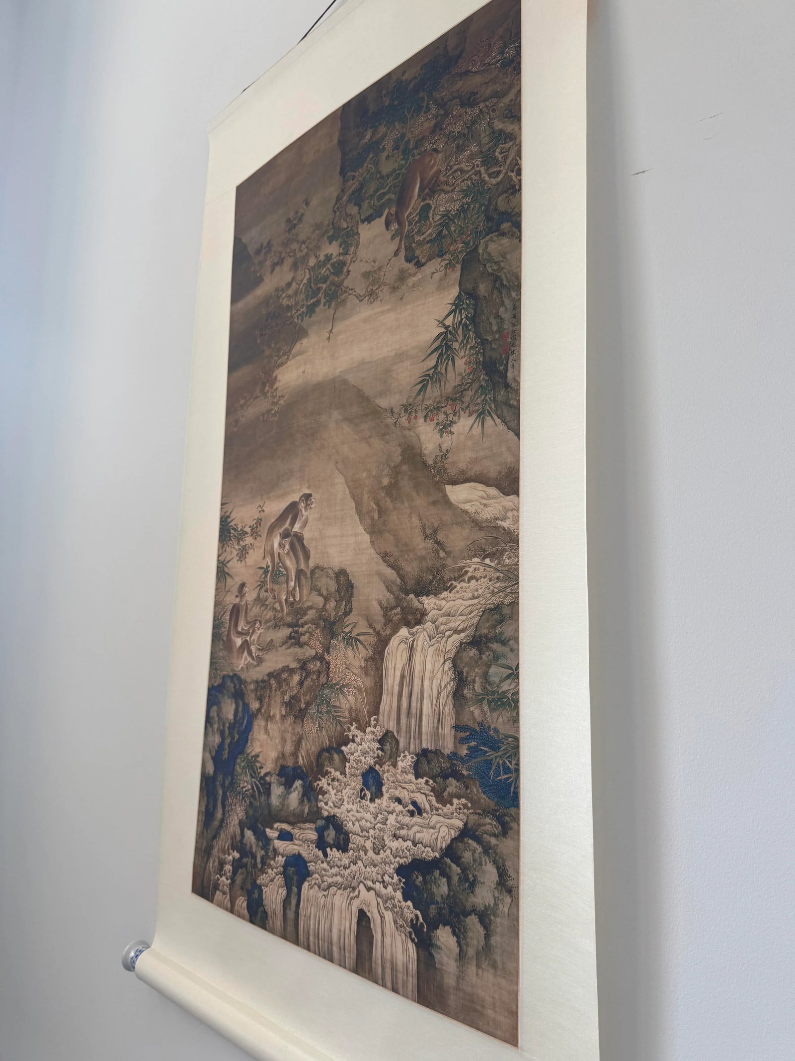 Mid 20th Century Shen Quan Landscape With Monkeys Print on Xuan Paper Scroll - 12