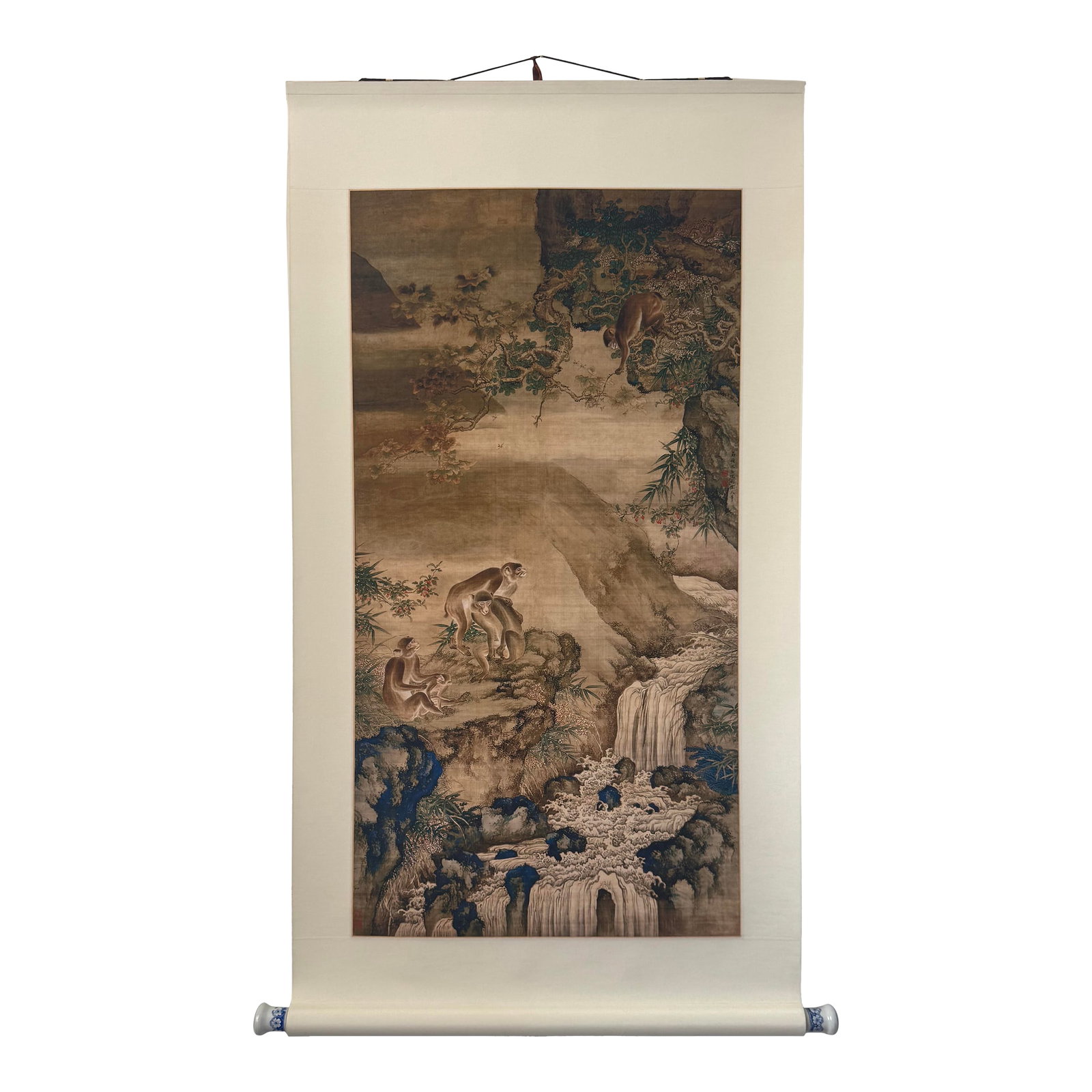 Mid 20th Century Shen Quan Landscape With Monkeys Print on Xuan Paper Scroll: Post-1940s copy of painting "Landscape With Monkeys" by Chinese artist of Qing Dynasty, Shen Quan (circa 1682-1760). Presented in ink, gouache, and watercolor on xuan paper and mounted on a larger she