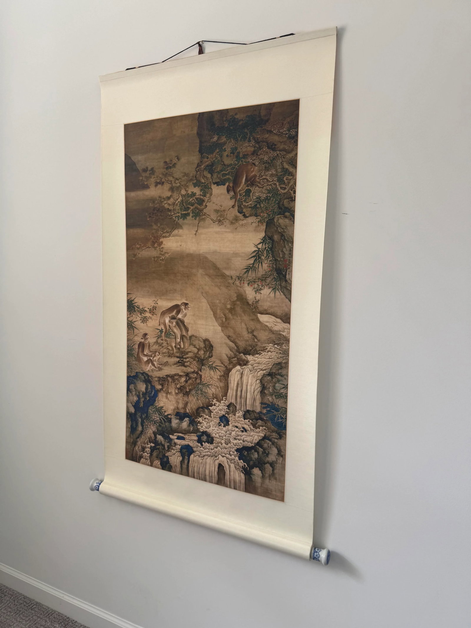 Mid 20th Century Shen Quan Landscape With Monkeys Print on Xuan Paper Scroll - 2