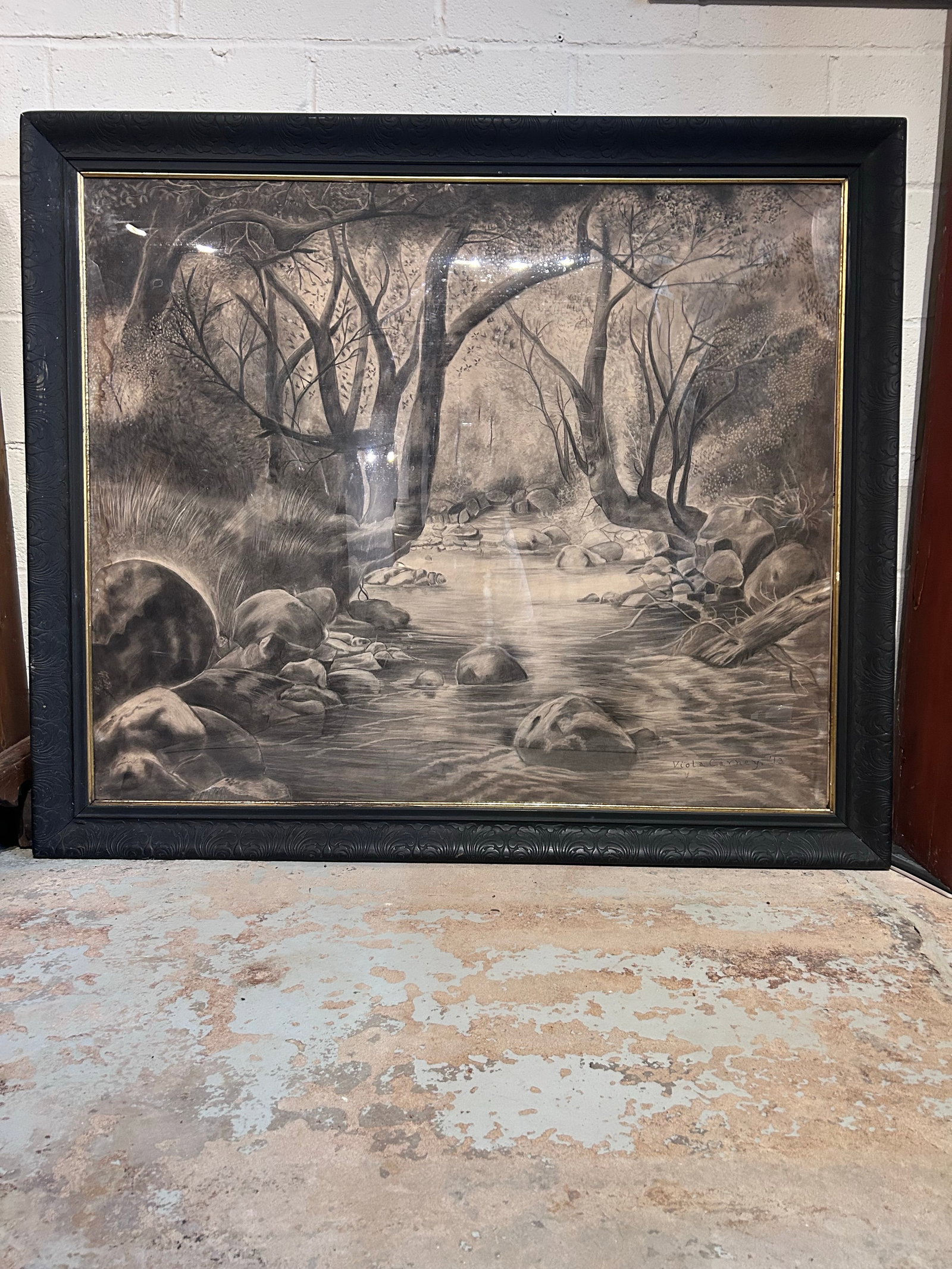 Monumental Antique Original Charcoal of Woodland Brook - 11