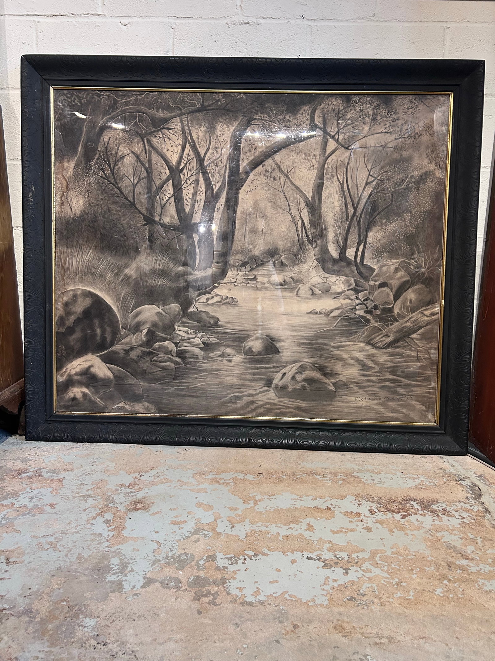 Monumental Antique Original Charcoal of Woodland Brook - 3