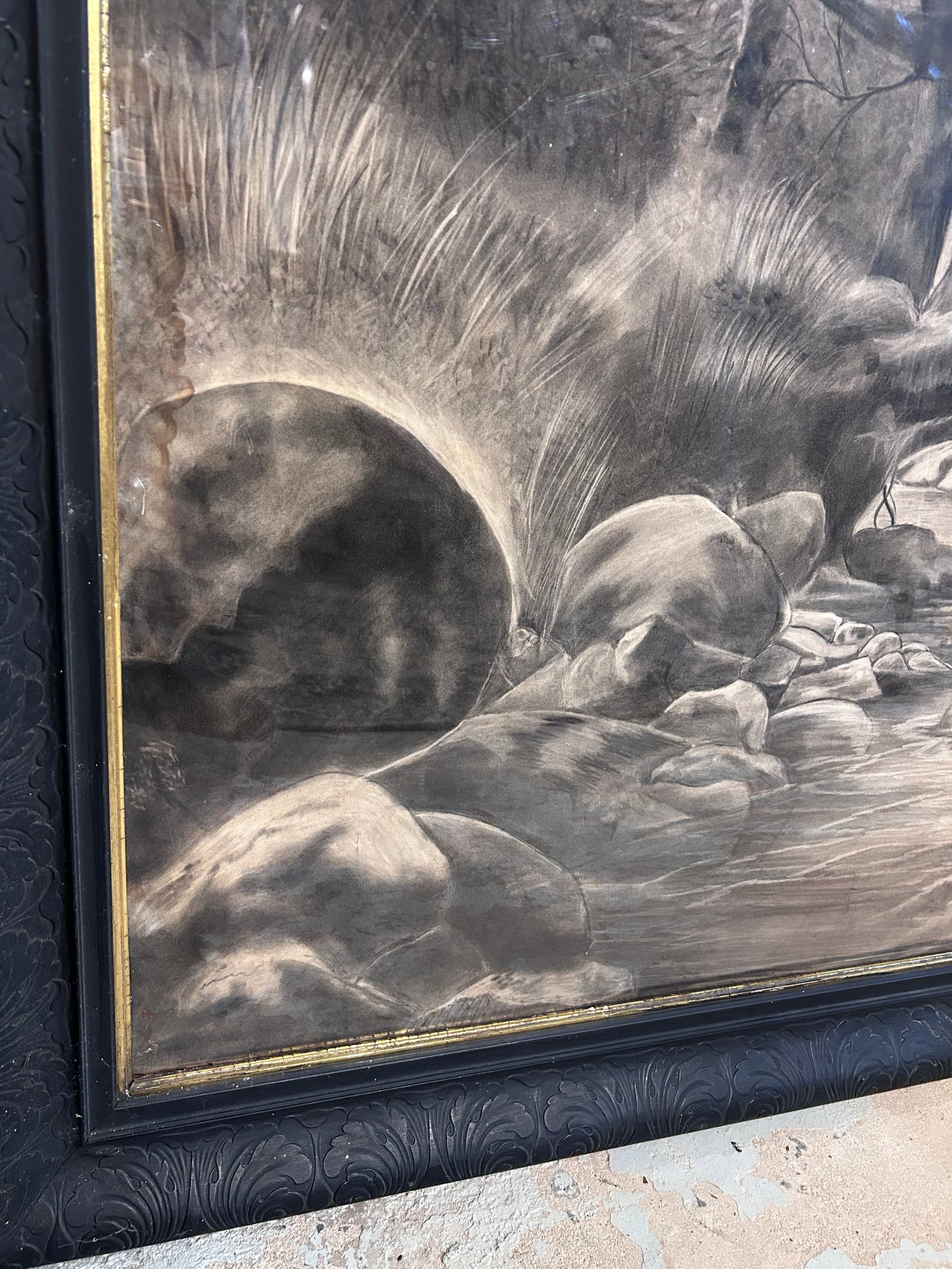 Monumental Antique Original Charcoal of Woodland Brook - 7