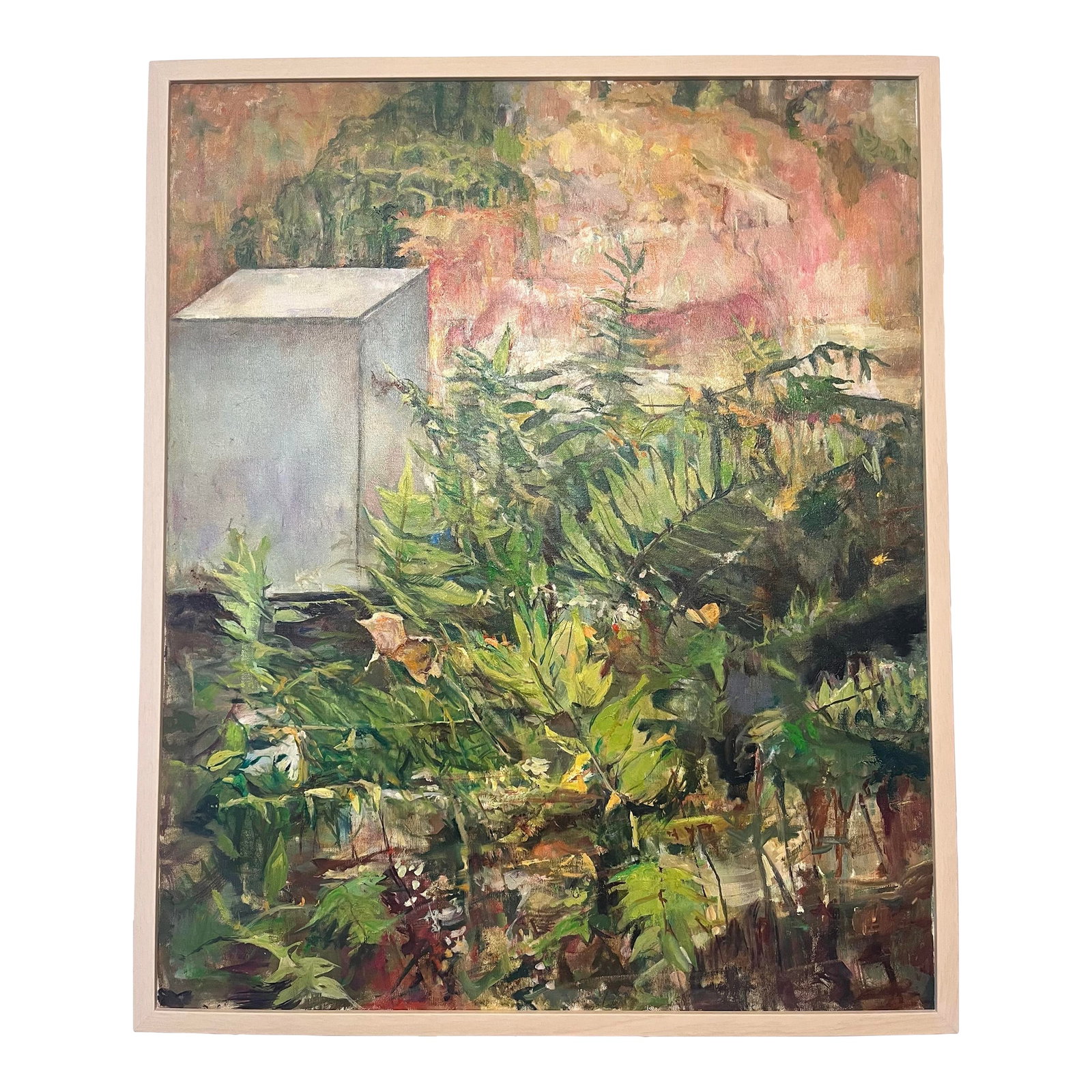 Late 20th Century Vintage Garden With Box Oil Painting: Beautiful vintage oil painting of a lush garden with silvery box. No visible signature. Newly professionally framed. Condition: Alterations: Original Condition Unaltered Imperfections: Some Imperfecti