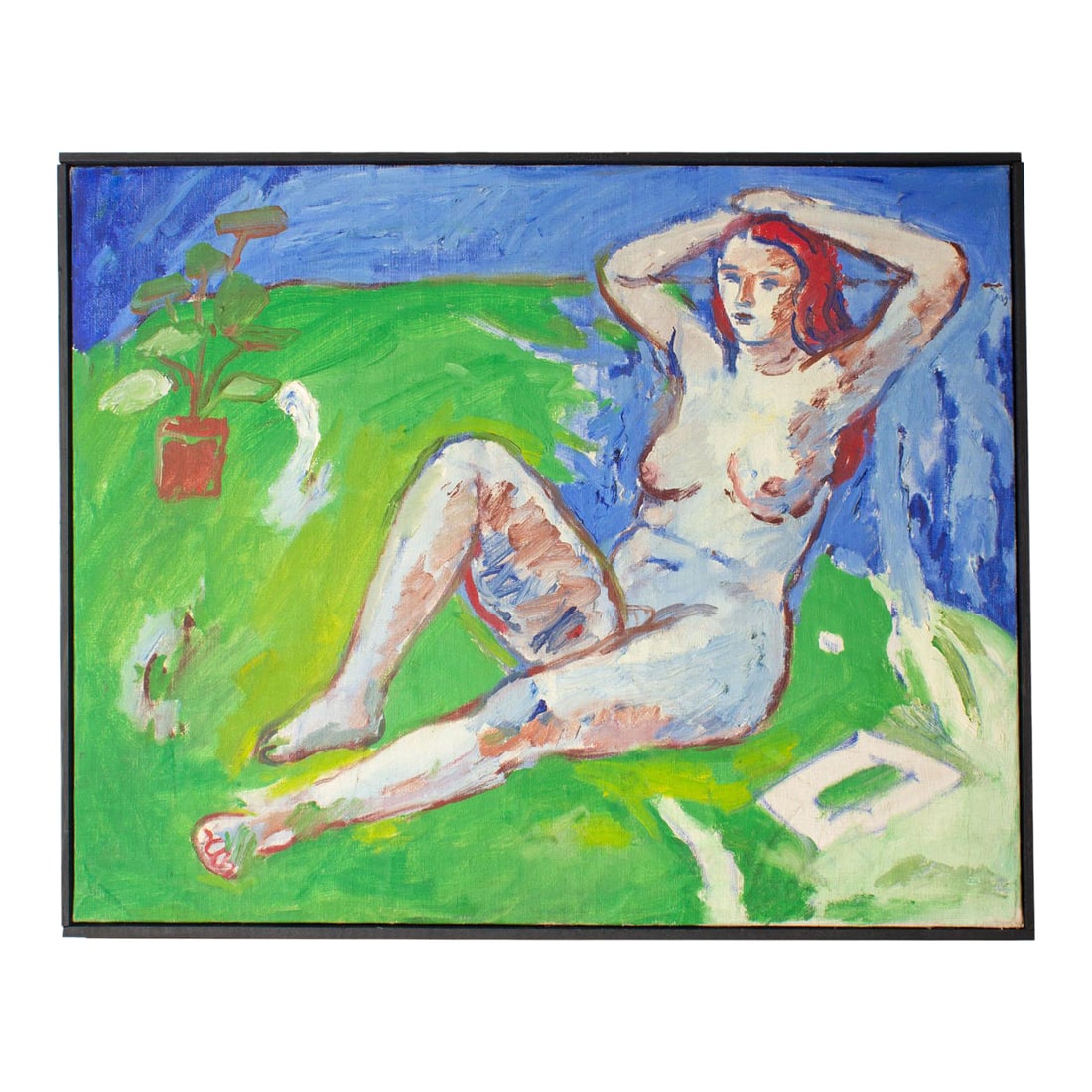 Oil on Canvas of a Female Figure by Abbott Pattison: An oil on canvas by the American artist Abbott Pattison (1916-1999). The painting depicts a reclining nude female figure with red hair painted against a blue and green background. A potted plant is to