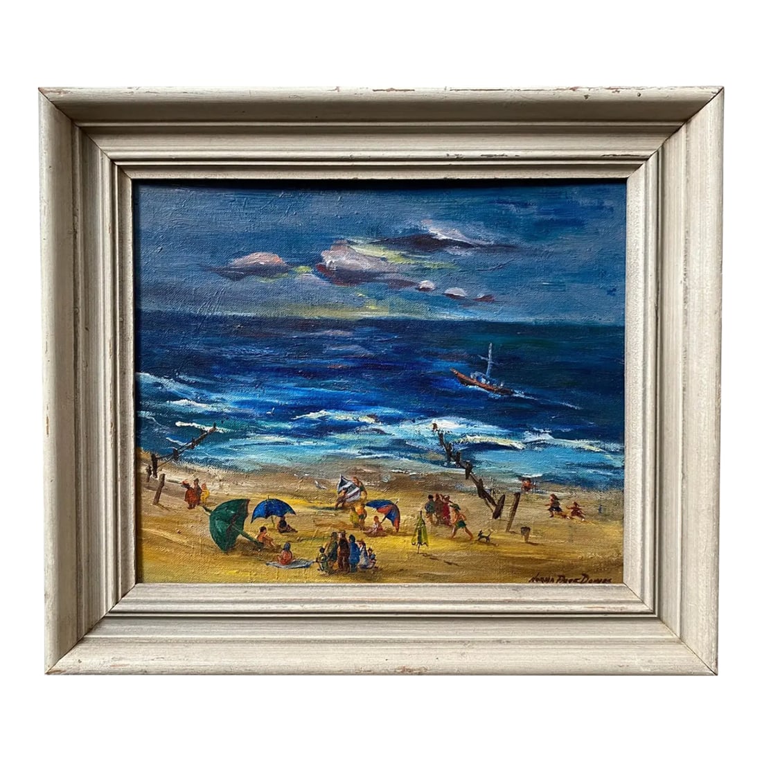 1948 Norma Page Donges Beach Oil on Canvas: 1948 oil on canvas board beach scene. Signed lower right Norma Page Donges. 13.5 x 15.5 inches framed Combined shipping available, please inquire. Condition: Alterations: Original Condition Unaltered 