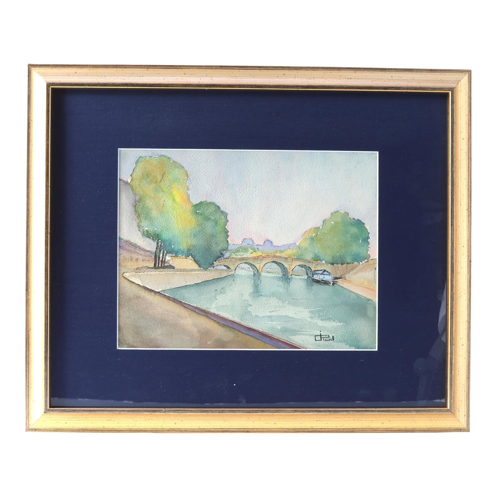 Late 20th Century Framed Parisian Watercolor - River Scene With Bridge: Framed midcentury Paris watercolor capturing a soft, romantic view of the Seine with an arched bridge and tree-lined embankments. Rendered in pale washes of blue, green, and lavender, the scene
