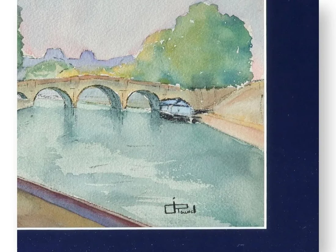 Late 20th Century Framed Parisian Watercolor - River Scene With Bridge - 2