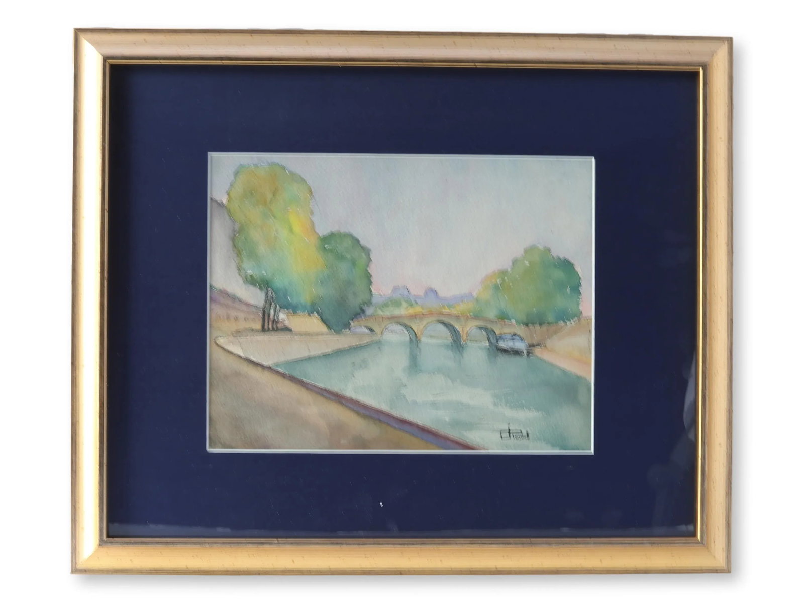 Late 20th Century Framed Parisian Watercolor - River Scene With Bridge - 3