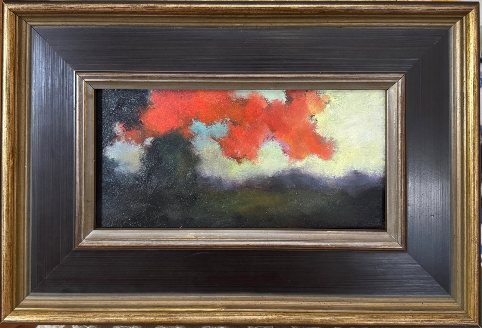 David Swanigan, "Towards the End of Day", Contemporary Oil on Canvas: Oil painting on canvas by contemporary Tennessee artist David Swanigan, "Towards the End of Day", oil on canvas, 6 x 12 inches and displayed in an Dutch ebony and silver gilt panel frame with overall