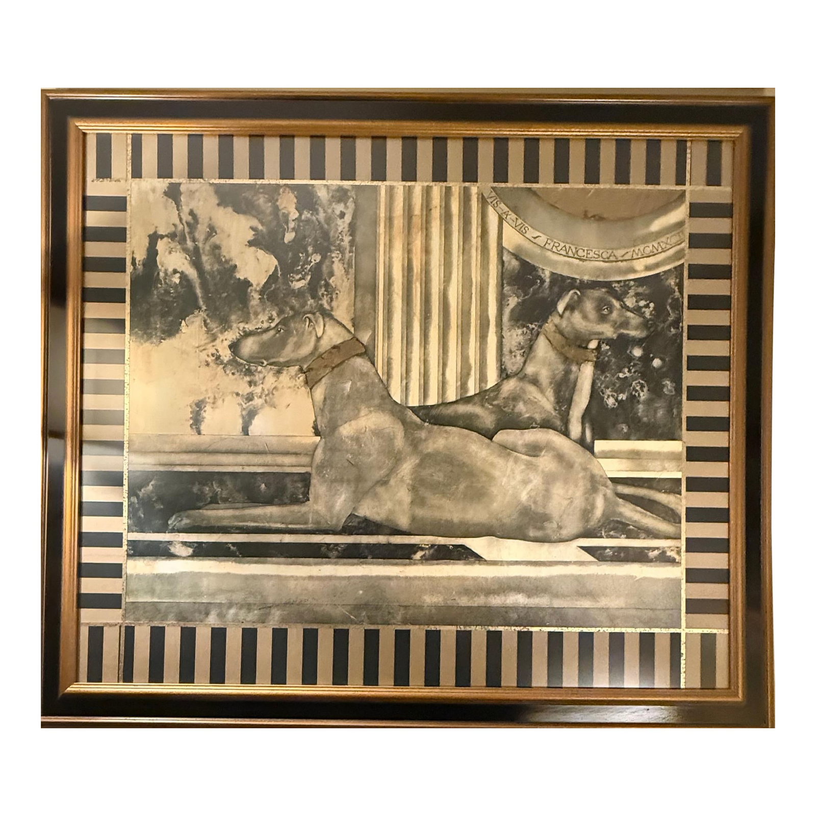 Gilt Framed Print of Two Hounds, Vis a Vis Francesca.: This striking print depicts two greyhounds in refined tranquility, their figures captured with precision and underscored by shimmering metallic-gold accents. The elegant finish lends the piece a
