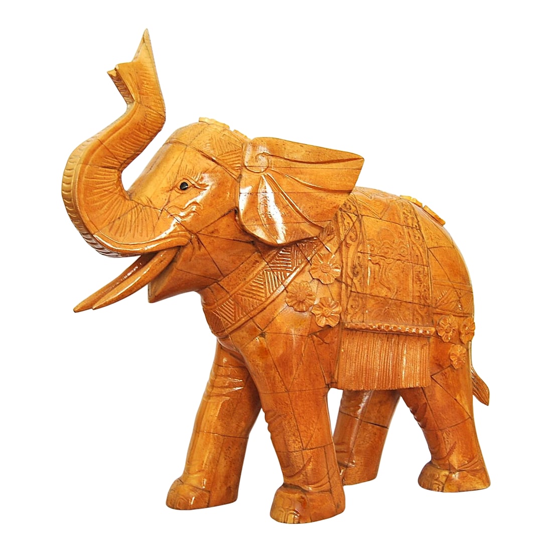 Mid 20th Century Hindu Trunk-Up Elephant Hand-Carved Wood Indian Ganesha Animal Sculpture Statuette: Highly decorative, hand carved Elephant with Trunk UP for GOOD Luck it is adorned with Festive Outfits for Hindu/Asian Celebration of Meditation and the Elephant is found in the form of Ganesha who